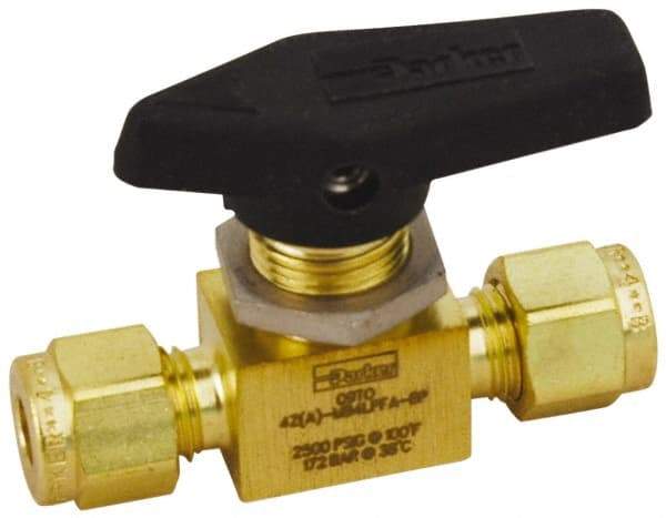Parker - 1/8" Pipe, Compression x Compression CPI End Connections, Brass, Inline, Two Way Flow, Instrumentation Ball Valve - 2,500 psi WOG Rating, Wedge Handle, PFA Seat - Industrial Tool & Supply
