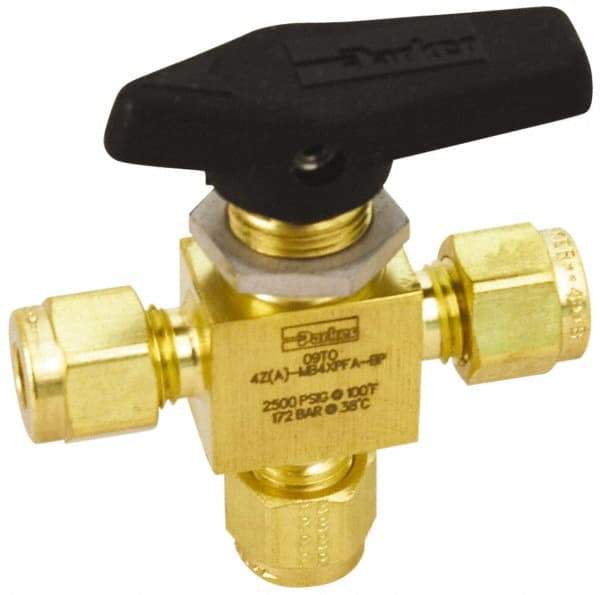 Parker - 1/4" Pipe, Brass, Three Way, Instrumentation Ball Valve - 2,500 psi WOG Rating, Wedge Handle, PFA Seat - Industrial Tool & Supply