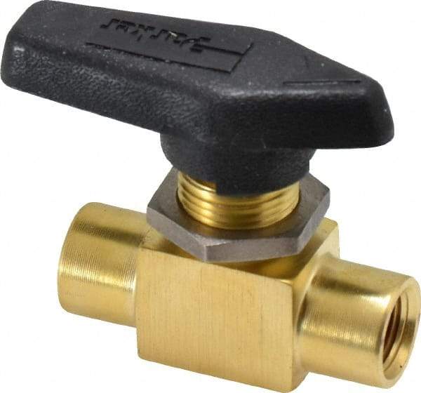Parker - 1/8" Pipe, FNPT x FNPT End Connections, Brass, Inline, Two Way Flow, Instrumentation Ball Valve - 2,500 psi WOG Rating, Wedge Handle, PFA Seat - Industrial Tool & Supply