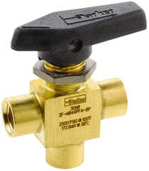 Parker - 1/8" Pipe, FNPT x FNPT x FNPT End Connections, Brass, Three Way, Instrumentation Ball Valve - 2,500 psi WOG Rating, Wedge Handle, PFA Seat - Industrial Tool & Supply