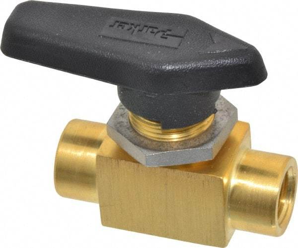 Parker - 1/4" Pipe, FNPT x FNPT End Connections, Brass, Inline, Two Way Flow, Instrumentation Ball Valve - 3,000 psi WOG Rating, Wedge Handle, PFA Seat - Industrial Tool & Supply