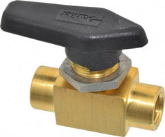 Parker - 1/4" Pipe, FNPT x FNPT End Connections, Brass, Inline, Two Way Flow, Instrumentation Ball Valve - 3,000 psi WOG Rating, Wedge Handle, PFA Seat - Industrial Tool & Supply