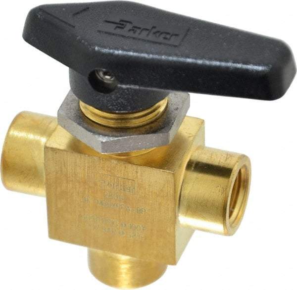 Parker - 1/4" Pipe, FNPT x FNPT x FNPT End Connections, Brass, Three Way, Instrumentation Ball Valve - 3,000 psi WOG Rating, Wedge Handle, PFA Seat - Industrial Tool & Supply
