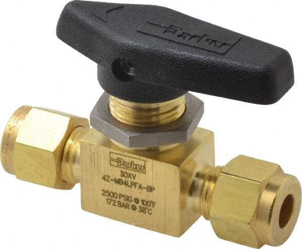 Parker - 1/4" Pipe, Compression x Compression CPI End Connections, Brass, Inline, Two Way Flow, Instrumentation Ball Valve - 2,500 psi WOG Rating, Wedge Handle, PFA Seat - Industrial Tool & Supply