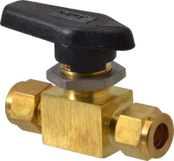 Parker - 3/8" Pipe, Brass, Inline, Two Way Flow, Instrumentation Ball Valve - 3,000 psi WOG Rating, Wedge Handle, PFA Seat - Industrial Tool & Supply