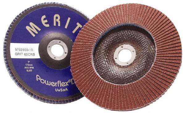 Merit Abrasives - 40 Grit, 7" Disc Diam, 7/8" Center Hole, Type 29 Ceramic Flap Disc - 8,600 Max RPM, Coated - Industrial Tool & Supply