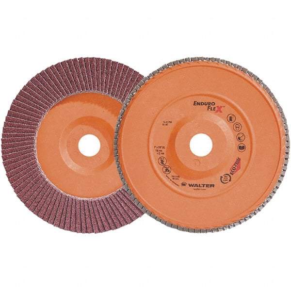 WALTER Surface Technologies - 40 Grit, 7" Disc Diam, 7/8" Center Hole, Zirconia Alumina Flap Disc - 8,600 Max RPM, Plastic Backing, Arbor Attaching System, Coated - Industrial Tool & Supply
