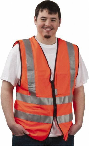 PRO-SAFE - Size L High Visibility Orange Solid Surveyor's Vest - 39 to 43" Chest, ANSI 107-2004, Zipper Closure, 12 Pockets, Polyester - Industrial Tool & Supply
