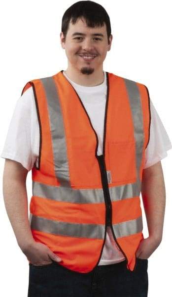 PRO-SAFE - Size XL High Visibility Orange Solid Surveyor's Vest - 43 to 46" Chest, ANSI 107-2004, Zipper Closure, 12 Pockets, Polyester - Industrial Tool & Supply