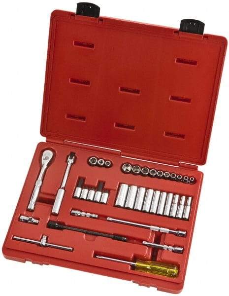 Proto - 37 Piece 1/4" Drive Full Polish Finish Deep Well Socket Set - 6, 8 Points, 3/16" to 9/16" Range, Inch Measurement Standard - Industrial Tool & Supply