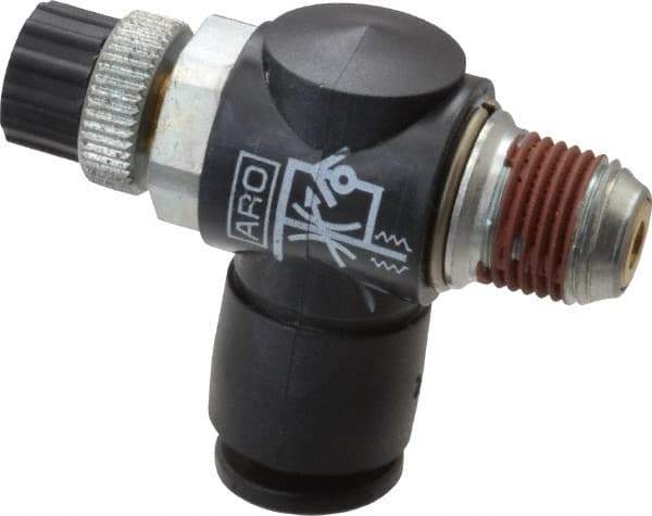 ARO/Ingersoll-Rand - 1/8" Male NPT x 1/4" Female NPT Right Angle Flow Control Valve - 0 to 150 psi & Brass Material - Industrial Tool & Supply