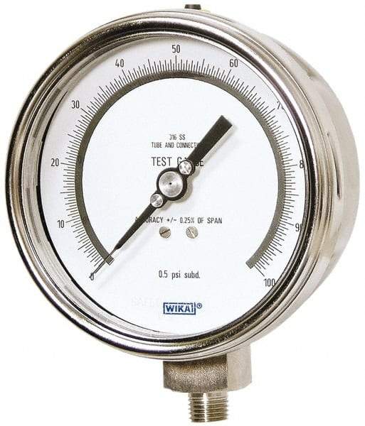 Wika - 4" Dial, 1/4 Thread, 0-150 Scale Range, Pressure Gauge - Lower Connection Mount, Accurate to 0.25% of Scale - Industrial Tool & Supply