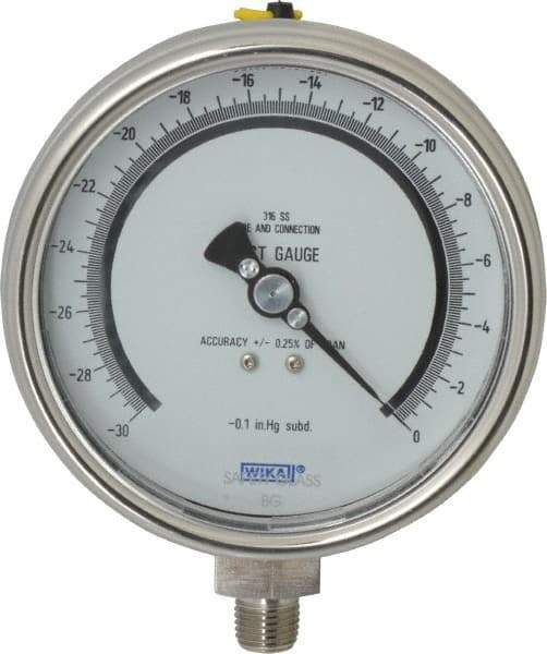 Wika - 4" Dial, 1/4 Thread, 30-0 Scale Range, Pressure Gauge - Lower Connection Mount, Accurate to 0.25% of Scale - Industrial Tool & Supply
