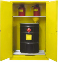Securall Cabinets - 43" Wide x 31" Deep x 65" High, 18 Gauge Steel Vertical Drum Cabinet with 3 Point Key Lock - Yellow, Manual Closing Door, 1 Shelf, 2 Drums, Drum Rollers Included - Industrial Tool & Supply