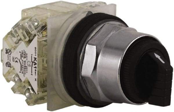 Schneider Electric - 30mm Mount Hole, 3 Position, Knob and Pushbutton Operated, Selector Switch - Black, Maintained (MA), 2NO/2NC, Weatherproof and Dust and Oil Resistant - Industrial Tool & Supply