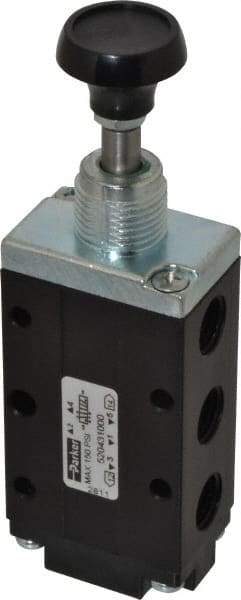 Parker - 0.83 CV Rate, 1/4" NPT Inlet Direct Air 4 Mechanical Spool Valve - 4 Way, 2 Position, Button Manual Return, 150 Max psi - Industrial Tool & Supply