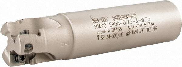 Iscar - 3/4" Cut Diam, 0.394" Max Depth of Cut, 3/4" Shank Diam, 3.38" OAL, Indexable Square Shoulder End Mill - AP..1003.., HM90 AP..1003.. Inserts, Weldon Shank, 90° Lead Angle, Series Heli2000 - Industrial Tool & Supply