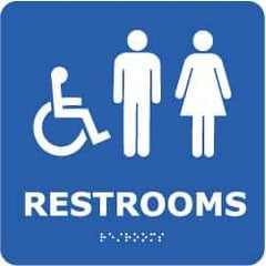 NMC - Restrooms, 8" Wide x 8" High, Plastic Sign - English, Braille, White on Blue, Wall Mount - Industrial Tool & Supply