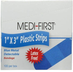 Medique - 3" Long x 1" Wide, General Purpose Self-Adhesive Bandage - Blue, Plastic Bandage, Metal Detectable - Industrial Tool & Supply