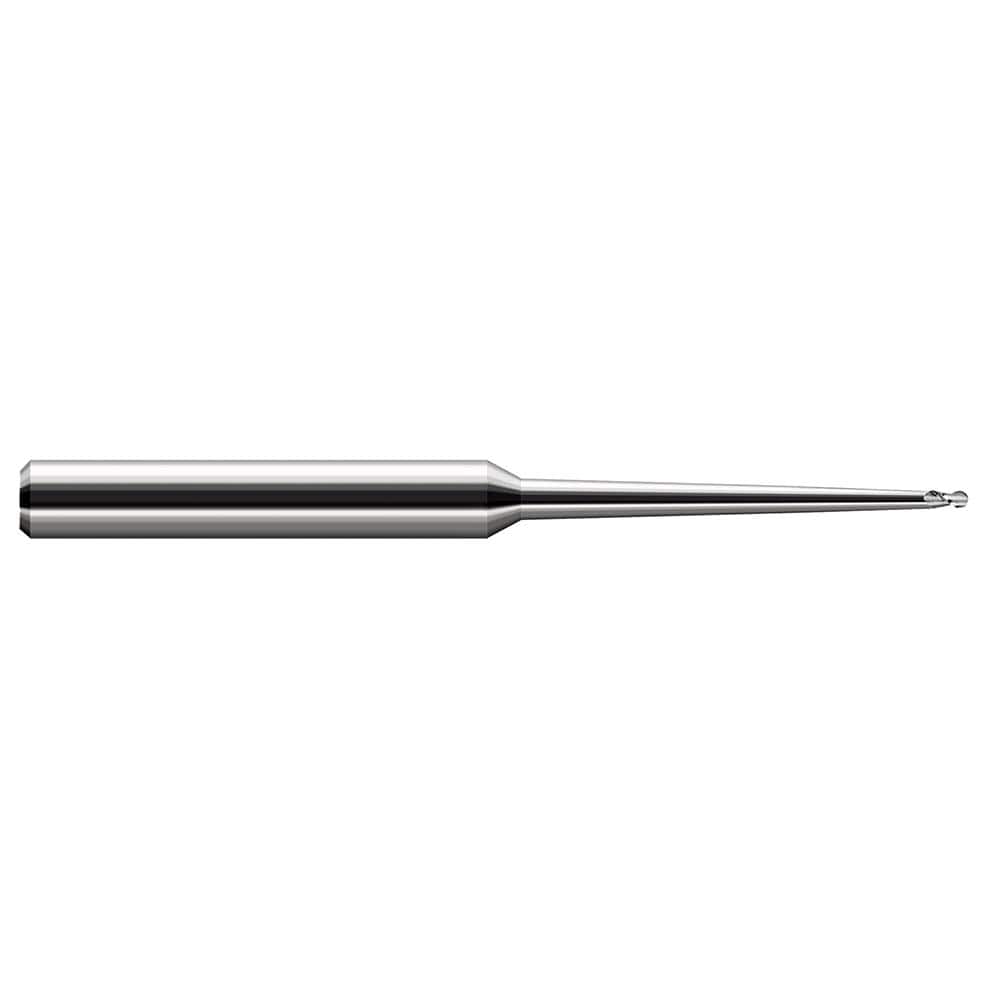 Ball End Mill: 0.1875″ Dia, 0.281″ LOC, 4 Flute, Solid Carbide 4″ OAL, 3/8″ Shank Dia, 30 ° Helix, Uncoated, Single End