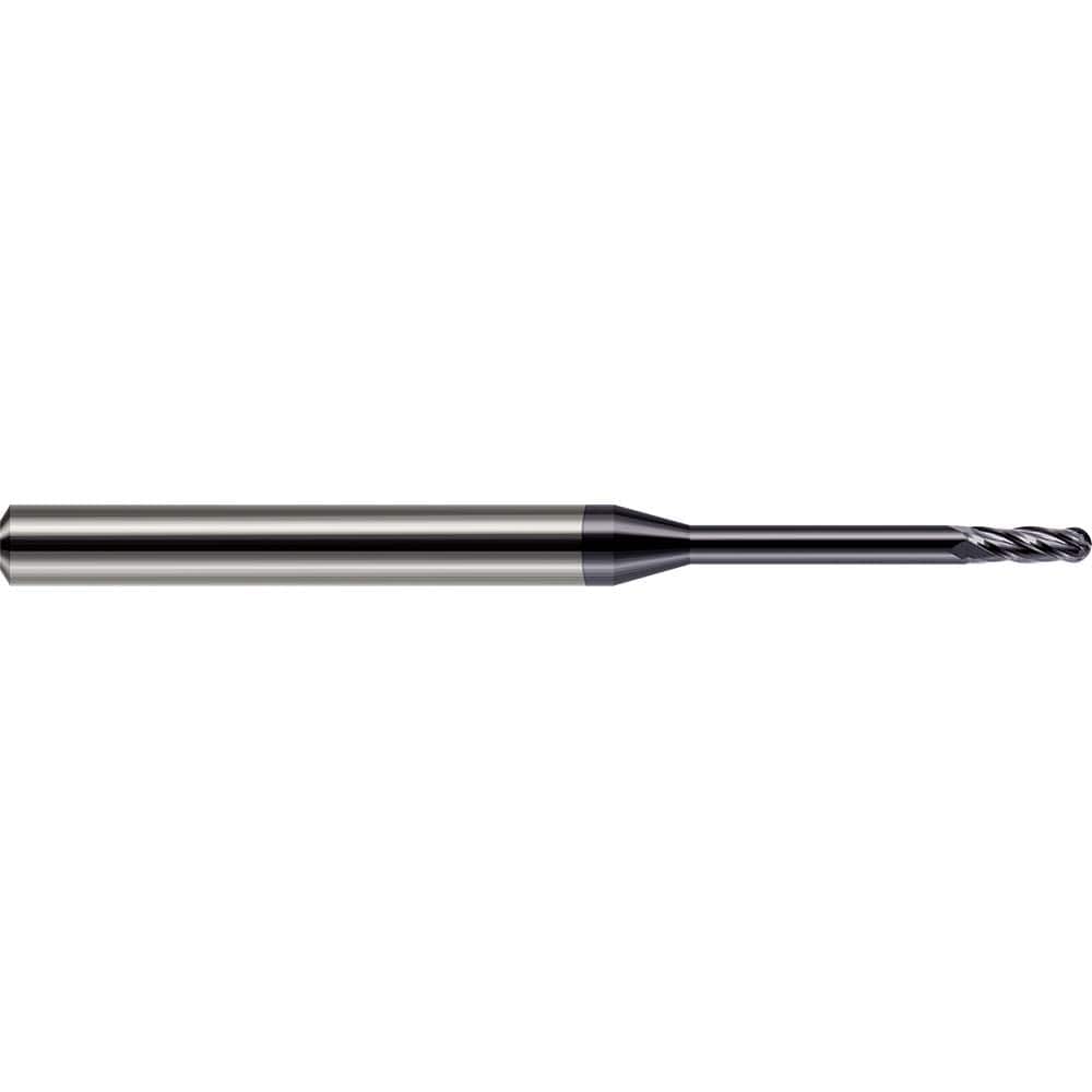 Ball End Mill: 0.02″ Dia, 0.06″ LOC, 4 Flute, Solid Carbide 1-1/2″ OAL, 1/8″ Shank Dia, 30 ° Helix, AlTiN Coated, Single End