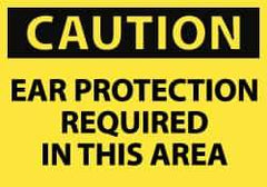 NMC - Accident Prevention Label, Header: CAUTION - Legend: Caution - Ear Protection Required in This Area, English, Black & Yellow, 5" Long x 3" High, Sign Muscle Finish - Industrial Tool & Supply