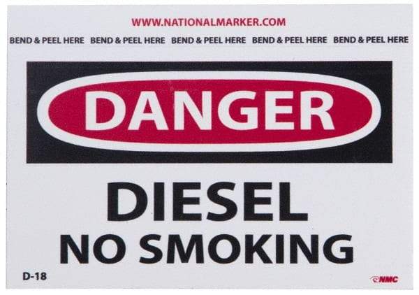 NMC - Accident Prevention Label, Header: DANGER - Legend: Danger - Diesel - No Smoking, English, Red, Black & White, 5" Long x 3" High, Sign Muscle Finish - Industrial Tool & Supply