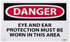 NMC - Accident Prevention Label, Header: DANGER - Legend: Danger - Eye and Ear Protection Must Be Worn in This Area, English, Red, Black & White, 5" Long x 3" High, Sign Muscle Finish - Industrial Tool & Supply