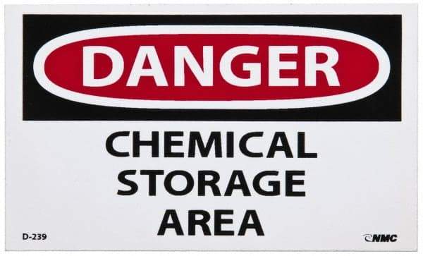 NMC - Hazardous Materials Label, Header: DANGER - Legend: Danger - Chemical Storage Area, English, Red, Black & White, 5" Long x 3" High, Sign Muscle Finish - Industrial Tool & Supply