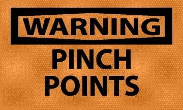 NMC - Accident Prevention Label, Header: WARNING - Legend: Warning - Pinch Points, English, Black & Orange, 5" Long x 3" High, Sign Muscle Finish - Industrial Tool & Supply