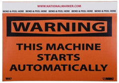 NMC - Accident Prevention Label, Header: WARNING - Legend: Warning - This Machine Starts Automatically, English, Black & Orange, 5" Long x 3" High, Sign Muscle Finish - Industrial Tool & Supply