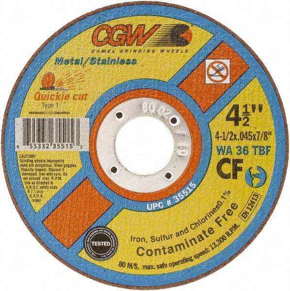 Camel Grinding Wheels - 5" 36 Grit Aluminum Oxide Cutoff Wheel - 0.045" Thick, 7/8" Arbor, 12,250 Max RPM - Industrial Tool & Supply