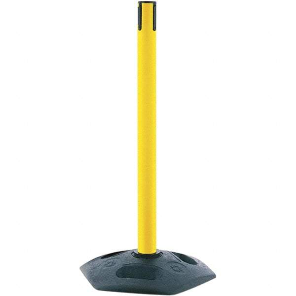 Tensator - 38" High, 2-1/2" Pole Diam, Tensabarrier Post - 19" Base Diam, Octagon Rubber Base, Yellow Plastic Post, Tape, Single Line Tape, For Outdoor Use - Industrial Tool & Supply