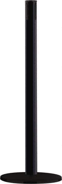 Tensator - 38" High, 2-1/2" Pole Diam, Tensabarrier Post - 14" Base Diam, Round Heavy Gauge Steel Base, Black Steel Post, Tape, Single Line Tape - Industrial Tool & Supply