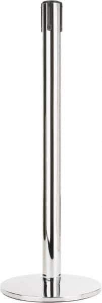 Tensator - 38" High, 2-1/2" Pole Diam, Tensabarrier Post - 14" Base Diam, Round Heavy Gauge Steel Base, Polished Chrome (Color) Steel Post, Tape, Single Line Tape - Industrial Tool & Supply