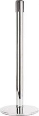 Tensator - 38" High, 2-1/2" Pole Diam, Tensabarrier Post - 14" Base Diam, Round Heavy Gauge Steel Base, Polished Chrome (Color) Steel Post, Tape, Single Line Tape - Industrial Tool & Supply