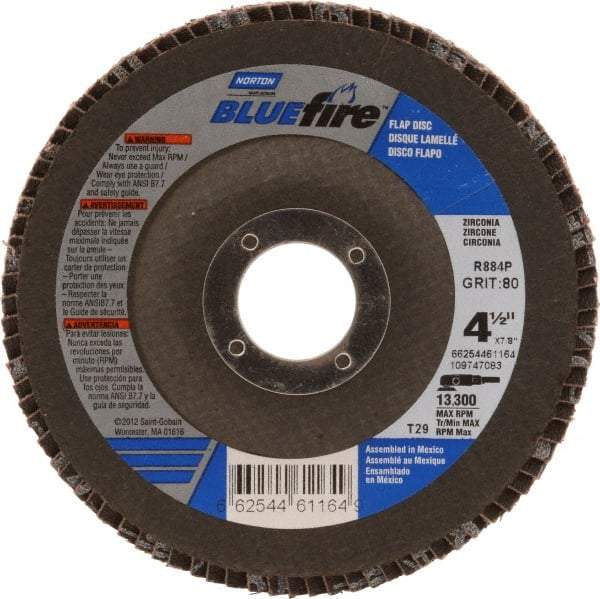Norton - 80 Grit, 4-1/2" Disc Diam, 7/8" Center Hole, Type 29 Zirconia Alumina Flap Disc - 13,300 Max RPM, Cloth Backing, Arbor Attaching System, Coated - Industrial Tool & Supply