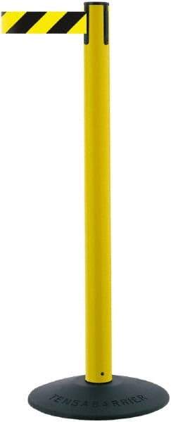 Tensator - 38" High, 2-1/2" Pole Diam, Barricade Tape Dispenser - 14" Base Diam, Round Stainless Steel Base, Black Polymer Post, 7-1/2' x 1-7/8" Tape, Single Line Tape, For Outdoor Use - Industrial Tool & Supply