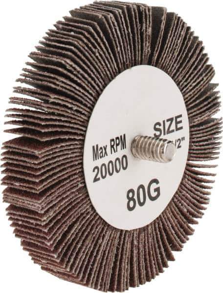 Tru-Maxx - 3" Diam x 1/2" Face Width, Medium Aluminum Oxide Coated Mounted Flap Wheel - 1/4-20 Threaded Mount, 80 Grit, 20,000 Max RPM - Industrial Tool & Supply