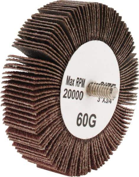 Tru-Maxx - 3" Diam x 3/4" Face Width, Medium Aluminum Oxide Coated Mounted Flap Wheel - 1/4-20 Threaded Mount, 60 Grit, 20,000 Max RPM - Industrial Tool & Supply