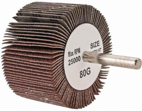 Tru-Maxx - 2-1/2" Diam x 1-1/2" Face Width, Medium Aluminum Oxide Coated Mounted Flap Wheel - 1/4" Shank Mount, 80 Grit, 25,000 Max RPM - Industrial Tool & Supply