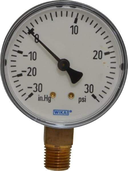 Wika - 2-1/2" Dial, 1/4 Thread, 30-0-30 Scale Range, Pressure Gauge - Lower Connection Mount, Accurate to 3-2-3% of Scale - Industrial Tool & Supply