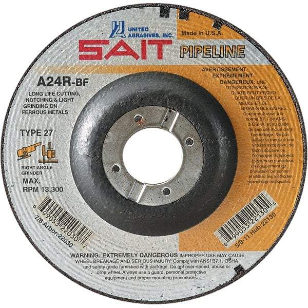 Sait - 24 Grit, 6" Wheel Diam, 1/8" Wheel Thickness, 7/8" Arbor Hole, Type 27 Depressed Center Wheel - Aluminum Oxide, Resinoid Bond, R Hardness, 10,200 Max RPM, Compatible with Angle Grinder - Industrial Tool & Supply