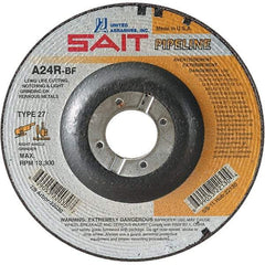 Sait - 24 Grit, 9" Wheel Diam, 1/8" Wheel Thickness, 7/8" Arbor Hole, Type 27 Depressed Center Wheel - Aluminum Oxide, Resinoid Bond, R Hardness, 6,600 Max RPM, Compatible with Angle Grinder - Industrial Tool & Supply