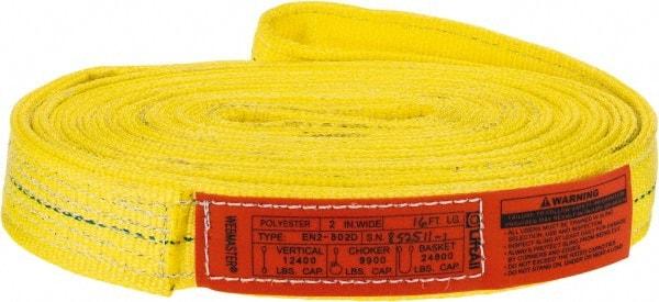Lift-All - 16' Long x 2" Wide, 12,200 Lb Vertical Capacity, 2 Ply, Polyester Web Sling - 9,800 Lb Choker Capacity, Yellow - Industrial Tool & Supply