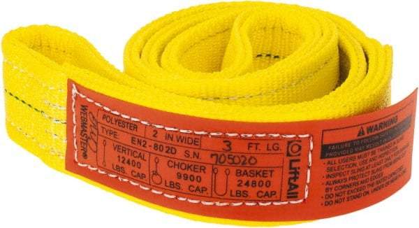 Lift-All - 3' Long x 2" Wide, 12,200 Lb Vertical Capacity, 2 Ply, Polyester Web Sling - 9,800 Lb Choker Capacity, Yellow - Industrial Tool & Supply
