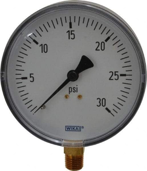 Wika - 4" Dial, 1/4 Thread, 0-30 Scale Range, Pressure Gauge - Lower Connection Mount, Accurate to 3-2-3% of Scale - Industrial Tool & Supply