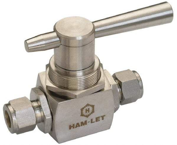 Ham-Let - 3/8" Pipe, Stainless Steel, Inline, Two Way Flow, Instrumentation Ball Valve - 3,000 psi WOG Rating, Tee Handle, PTFE Seal, PTFE Seat, Swaglok SS-43S6 - Industrial Tool & Supply