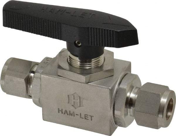 Ham-Let - 1/2" Pipe, Stainless Steel, Inline, Two Way Flow, Instrumentation Ball Valve - 3,000 psi WOG Rating, Tee Handle, PTFE Seal, PTFE Seat, Swaglok SS-45S8 - Industrial Tool & Supply