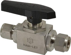 Ham-Let - 1/2" Pipe, Stainless Steel, Inline, Two Way Flow, Instrumentation Ball Valve - 3,000 psi WOG Rating, Tee Handle, PTFE Seal, PTFE Seat, Swaglok SS-45S8 - Industrial Tool & Supply